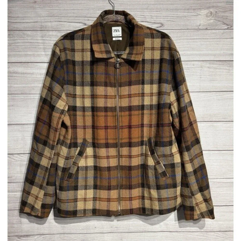 ZARA Men’s Textured Flannel Multi Brown Jacket Fall Coat Size Large